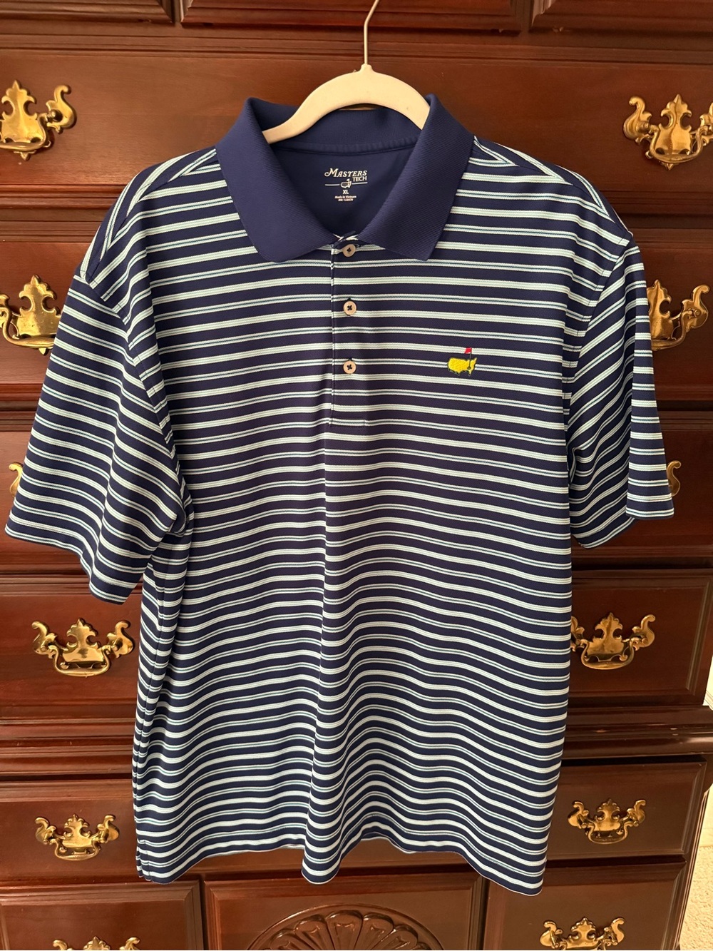 Masters Navy and White Striped Polo with Embroidered Logo